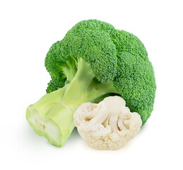 Wall Mural - Composition with fresh whole cauliflower with broccoli isolated on a white background.