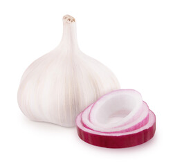 Canvas Print - Composition with fresh garlic and onion isolated on white background.