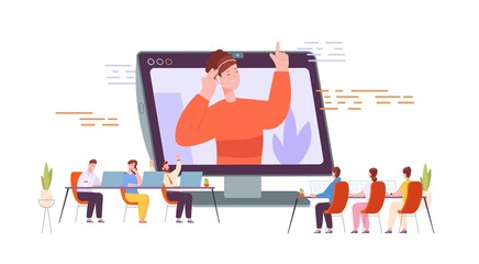 Online coaching group. Education webinar in world digital cloud, teacher lecture on internet classroom, elementary virtual training, vector illustration