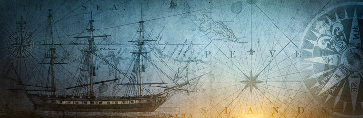 Fototapete - Old sailboat, compass and ancient  map historical background. A concept on the topic of sea voyages, discoveries, pirates, sailors, geography and history. Efect of overlay on old texture of paper.