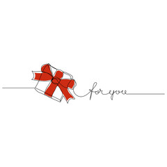 Surprise banner - gift box present package with red ribbon bow. Continuous line drawing with text For You.