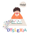 Boy with difficulty in reading. Dyslexia concept. Child doing hard homework. Letters escape from the book.