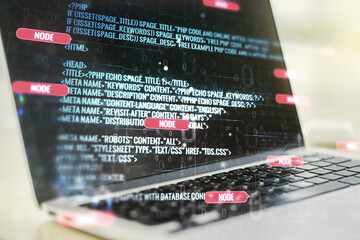 double exposure of abstract programming language on laptop background, research and development conc
