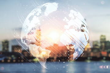 Wall Mural - abstract creative digital world map on blurry skyscrapers background, globalization concept. multiex