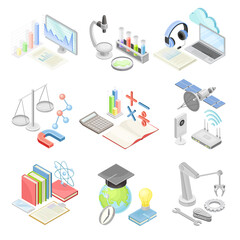 School lesson subjects set set. Education supplies and equipment, Distance and online education isometric vector illustration