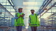 © stockbusters - Two warehouse workers inspecting production preparations in greenhouse talking