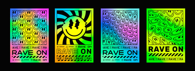 Sticker - Set Of Abstract Rave Psychedelic Posters. Cool Colorful Rainbow Acid Art.