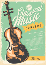 Violin Vintage Poster Or Billboard Sign Design On Old Paper Texture. Classical Music Concert Retro Flyer Vector Template.  Music Festival Document Layout.