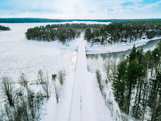 Canvas Print - Aerial view of snow winter river with bridge and green forest