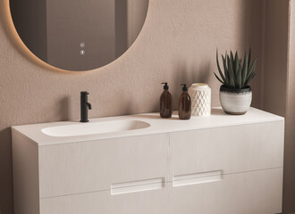 Close up of sink with oval mirror standing in on beige wall , white cabinet with black faucet in minimalist bathroom. Side view. 3d rendering