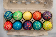 Hand Painted Colorful Easter Eggs In An Egg Carton