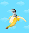 © master1305 - Contemporary art collage. Slim beautiful woman sticking out banana isolated over sky blue background