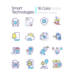 Wall Mural - Smart technologies RGB color icons set. Devices for home automation. Remote control. Isolated vector illustrations. Simple filled line drawings collection. Editable stroke. Quicksand-Light font used