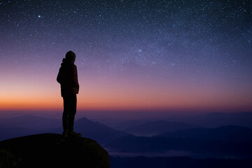 Wall Mural - Young traveler and backpacker watched the star and milky way alone on top of the mountain. He enjoyed traveling and was successful when he reached the summit.