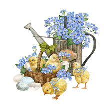 Watercolor Easter Basket With White Egg And Blue Flowers, Baby Chick Bird,vintage Water Can. Spring Easter Postcard Illustration.Farmhouse, Countryside Spring Garden Illustration