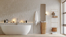 Modern Bathroom Interior With Tub And Wooden Stand Sink, Mirror, Bath Accessories, 3d Rendering