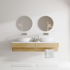 Wall Mural - bathroom interior with round mirror, double sink and light wooden cabinets, 3d rendering