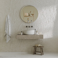 Wall Mural - sink with mirror on wooden stand with bath accessories, toothbrushes and towel, 3d rendering