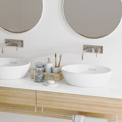 Wall Mural - close up of bathroom with double sink and furniture with decoration, towels and mirrors, toothbrushe