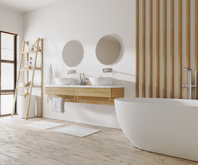 Wall Mural - stylish bathroom interior with modern tub, wooden ladder with bath accessories and beautiful decor, 