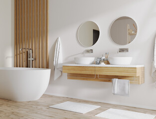 Wall Mural - modern bathroom with wooden details and white wall, bathtub and double sink with cabinets, towels, b