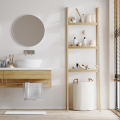 Wall Mural - home bathroom interior with sink on wooden cabinet with bath toothbrushes, round mirror, ladder shel