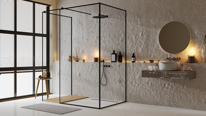 Wall Mural - luxurious modern bathroom with shower and large window, sink with mirror and decor, tile floor, 3d r