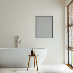 Wall Mural - poster frame mock up in modern bathroom interior with free stand bathtub near window, 3d rendering