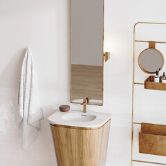 Wall Mural - luxury modern bathroom sink on wooden stand with mirror, ladder and towels, bathroom interior, 3d re