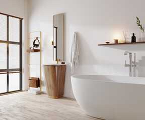 Wall Mural - luxury modern home bathroom interior with light wall and window, wooden furniture and sink with mirr