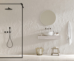 Wall Mural - modern bathroom interior with shower zone and dry zone with sink and mirror with bath accessories, 3