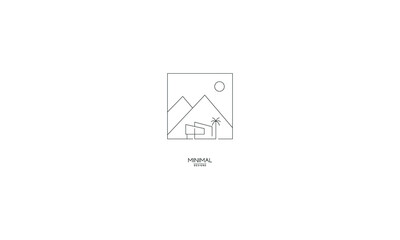 Wall Mural - A line art icon logo of a mountain, house, tree and sun.