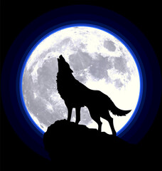 Wall Mural - howling wolf silhouette by full moon