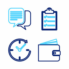 Poster - Set line Wallet, Clock with arrow, Clipboard checklist and Chat icon. Vector