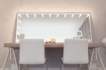 Canvas Print - Modern mirror with light bulbs on dressing table in makeup room