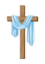 Christian Illustration Of Wooden Cross And Shroud. Happy Easter Image.