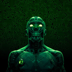 Wall Mural - zombie cyborg artificial intelligence - 3d illustration of dark green humanoid alien robot with comp