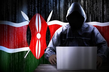 Anonymous hooded hacker, flag of Kenya, binary code - cyber attack concept