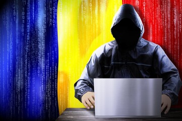 Anonymous hooded hacker, flag of Romania, binary code - cyber attack concept
