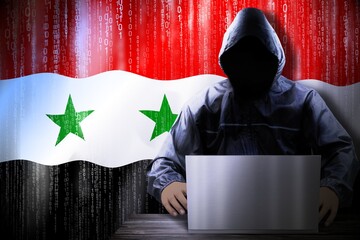 Anonymous hooded hacker, flag of Syria, binary code - cyber attack concept