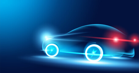 Abstract speed electric cars In the illustration, electric cars are powered by electric energy. Future energy.on blue background