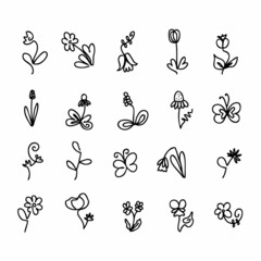 Wall Mural - One line flower doodle icons for decorative design. Outline simple vector illustration for decorative design.