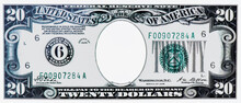 Clear 20 Dollar Banknote Pattern, Twwenty Dollar Border With Empty Middle Area, U.S. 20 Highly Detailed Dollar Banknote. On A White Background.
