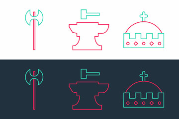 Sticker - Set line King crown, Medieval axe and Anvil for blacksmithing hammer icon. Vector