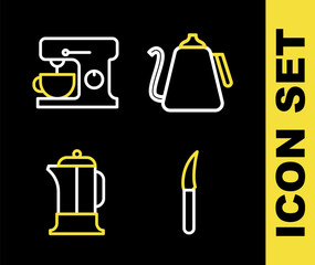 Poster - Set line Kettle with handle, Knife, French press and Electric mixer icon. Vector