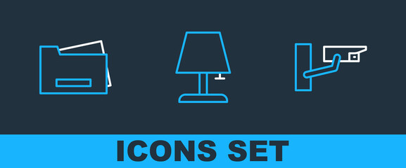 Canvas Print - Set line Security camera, Printer and Table lamp icon. Vector