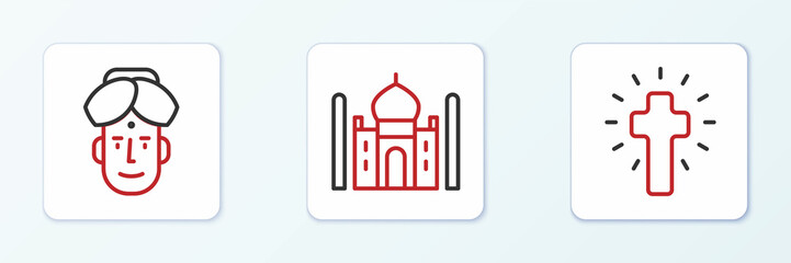 Sticker - Set line Christian cross, Indian man and Taj Mahal icon. Vector