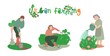 © Double Brain - Happy farming, gardening. Watering plants, planting flowers, working in garden.