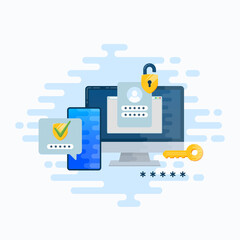 Two factor autentication security illustration. Login confirmation notification with password code message. Smartphone, mobile phone and computer app account shield lock icons Isolated