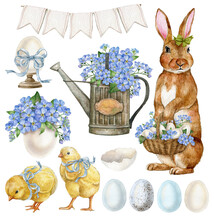 Watercolor Easter Elements Collection.White Egg And Blue Flowers, Baby Chick Bird,vintage Water Can,Bunny With Basket. Spring Easter Postcard Illustration.Farmhouse, Countryside  Clipart.